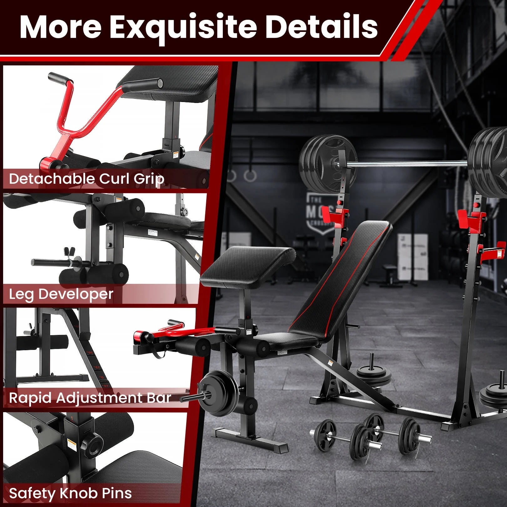 Adjustable Weight Bench 900LBS Olympic Weight Bench Set with Squat Rack, Preacher Curl, Leg Extension Full Body Exercise Workout Bench Press for Home Gym